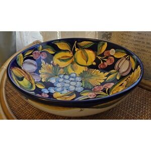 Italian Majolica Bowl Tin-glazed Design Ceramic "Lemons On Blue" Fruit Motif